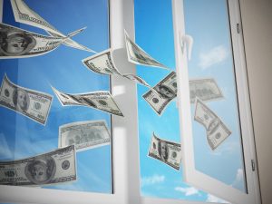Dollars flying out of the window. 3D illustration.